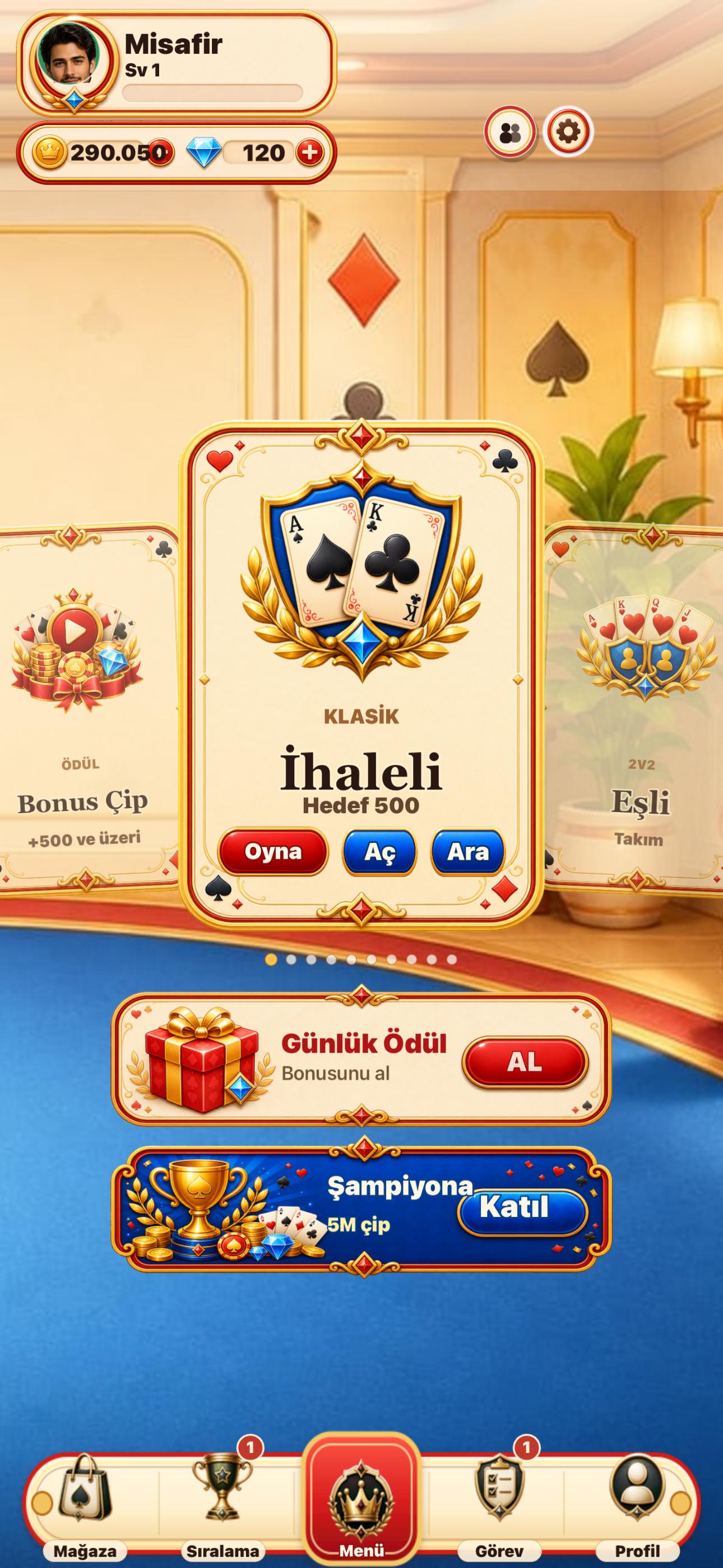 Royal Batak Plus gerçek ana menü ekranı